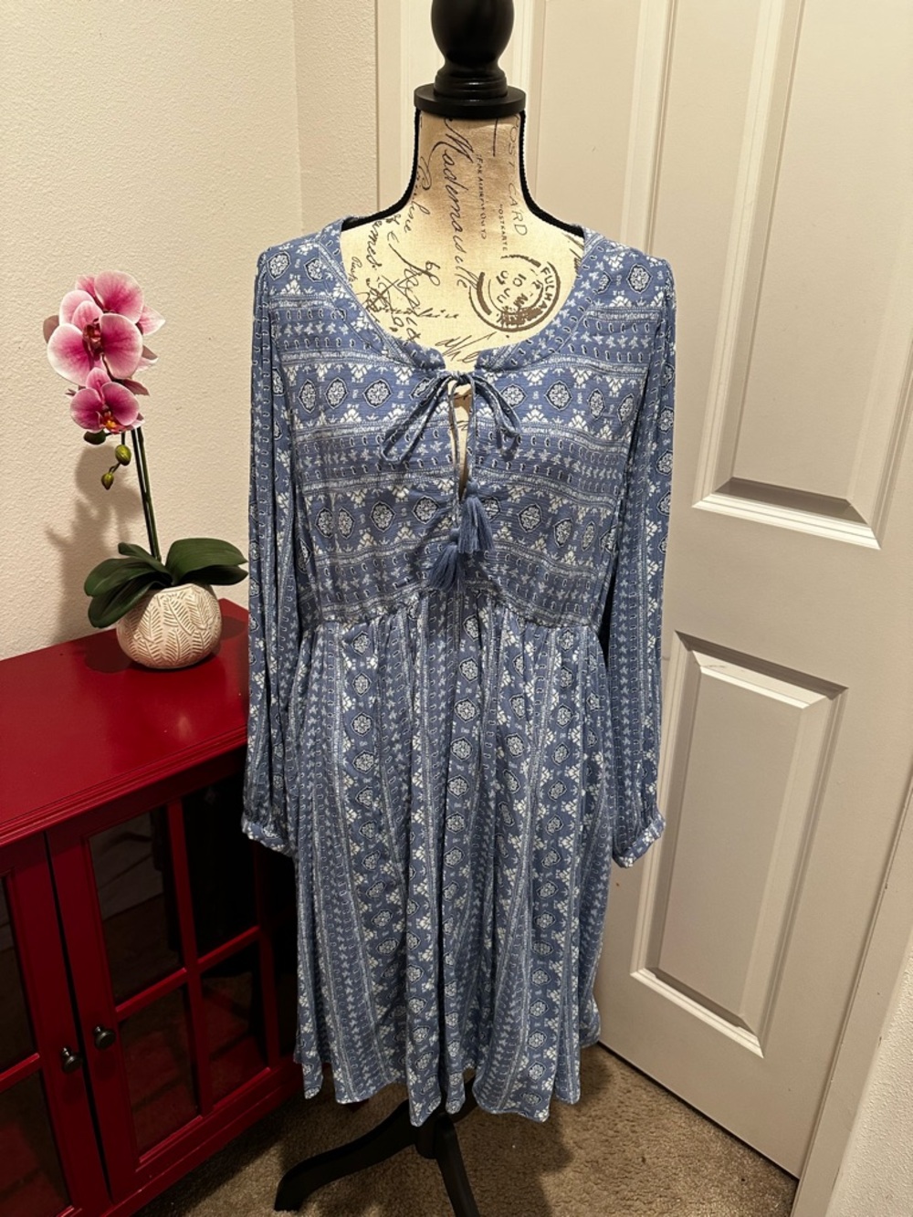 torrid Blue Printed Long Sleeve Tie-Front Boho Dress
